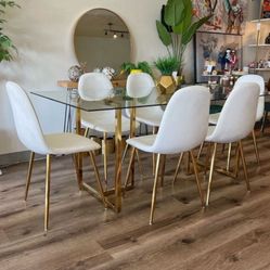 Big Glass Dining Table And 6 White Chairs