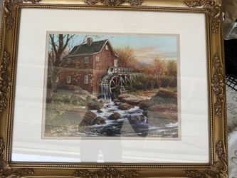 Beautiful Gold Framed Oil Painting Signed by Artist Sandra Bergeron Old Mill Pond 23 w x19 h