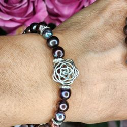 Black (PEACOCK) FRESHWATER Pearl Bracelet featuring Pewter Accents & charm- 6.5"