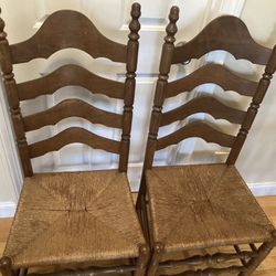 Vintage Armless Ladder Back, Wicker Woven Rush Seat Chairs, Pair