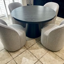 48” Round Black Dining Table + 4 Grey Swivel Chairs