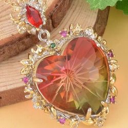 Simulated White Mystic Color Quartz and Multi Gemstone Heart Pendant in Dualtone with Stainless Steel Necklace 20 Inches