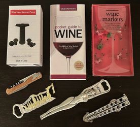 Novelty Bottle Openers + Wine Markers, Wine Book, Wine Accessories Lot