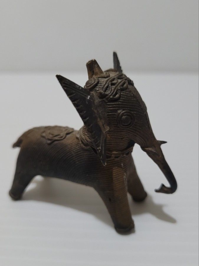Coiled Brass Elephant Fertility Figurine Statue Vintage India Trunk Down 2.5"