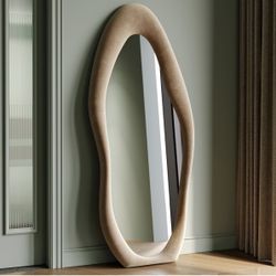 Honyee Full Length Mirror, 63" x 24" Wall Mirror, Flannel Wrapped Wooden Frame Floor Mirror, Irregular Wavy Mirror Hanging or Leaning Against Wall for