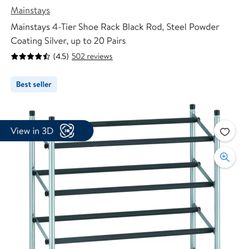 Brand New  - Mainstays 4-Tier Shoe Rack Black Rod, Steel Powder Coating Silver, up to 20 Pairs