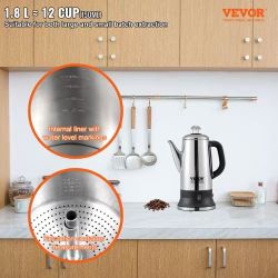 431^ 12-Cup Electric Percolator Coffee Pot, 304 Stainless Steel Coffee Percolator with Keep Warm Function & Heat-Resistant Handle, Classic Coffee Make