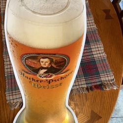 HACKER-PSCHORR WEISSE VINTAGE METAL GERMAN BEER PUB SIGN SMILEY FACE FOAM DESIGN Approximately 30” tall, 11” wide has pre drilled holes for easy displ