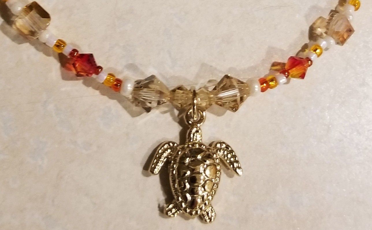 Swarovski Crystal Homemade Ankle Bracelet with Sea Turtle Charm