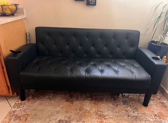 62'' Black Leather Loveseat, Small Couch with USB for Living Room Small Sofa, Love Seat Couch, Mid-Century Modern Tufted Design, 2 USB Ports and 2 Cup
