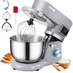 VEVOR Stand Mixer, 660W Electric Dough Mixer with 6 Speeds LCD Screen Timing, Tilt-Head Food Mixer with 5.8 Qt Stainless Steel Bowl, Dough Hook, Flat 