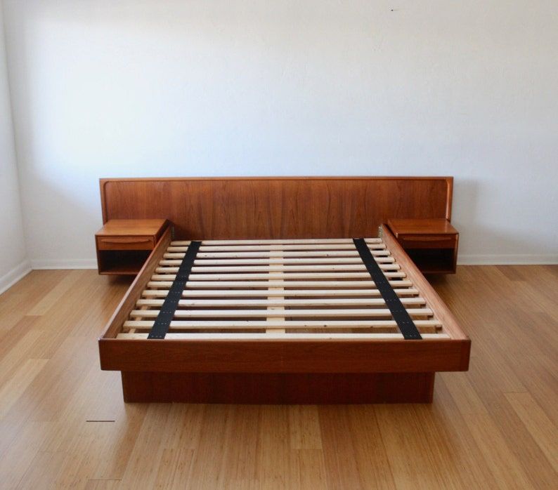 Mid-Century Modern Teak Queen Bed w/ Nightstands – Danish 1970s