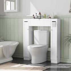 Over The Toilet Storage Cabinet, Bathroom Space Saver  and Adjustable Shelves, Freestanding Toilet Cabinet Organizer, White W-20