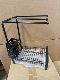 Black dish drying rack with towel bar and utensil holder