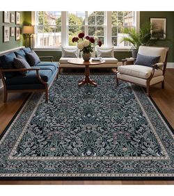 Brandnew Floral Washable Rugs 5x7, Soft Black Rugs for Bedroom Living Room, Vintage Non Slip Low Pile Forest Stain Resistance Large Throw Carpet