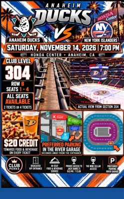 Anaheim Ducks vs NY Islanders Club Level Tickets