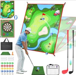 2-in-1 Golf Chipping Game Set, 4.5 x 6 FT Double-Sided Practice Mat with Oversize & Standard Adjustable Golf Clubs, Sticky Balls for Indoor Outdoor Ba