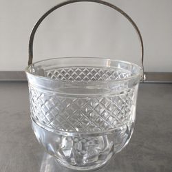 Darling Heavy Cut Glass Basket Bucket Bowl With Hammered Silver Handle