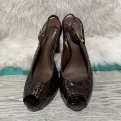 TORY BURCH Allison Crocs Brown Patent Leather Peep Toe Slingback Heels Sz 8M