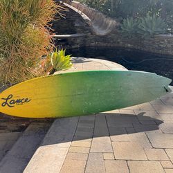 Hand-shaped Lance Collins surfboard (Wave Tools) shaped for Bob Long, marked 7’6”. Hand signature