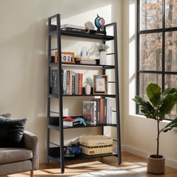 5 Tier Book Shelf, Industrial Bookcase and Storage Rack Accent Ladder Bookshelf, Black Wooden 28'' Wide 59''Tall Shelves Ladder Shelf for Living Room,