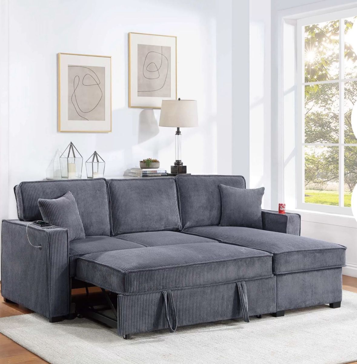 $379. 2-P Convertible Sectional Sleeper Sofa W/ Cupholder Sofa Storage & USB Ports 89”x 59”X36”H