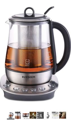 BUYDEEM K2423 Tea Maker, 316 Stainless Steel & Heat Resistant DURAN Glass Electric Kettle, 5 Temperature Settings, Removable Infuser, Auto Keep Warm,