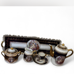 Dresden Porcelain Cobalt Figural Coffee or Tea Pot Set Blue Gold With Tray