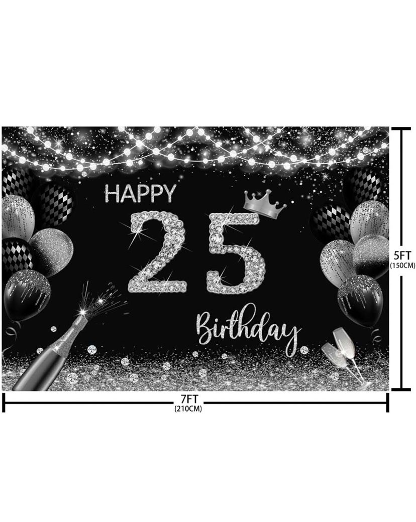 Black and Silver Happy 25th Birthday Backdrop