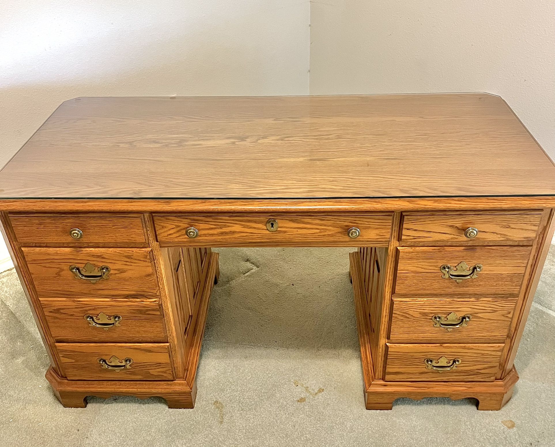 Vintage 1989 Solid Oak Executive Desk with Glass Top & Locking Drawers