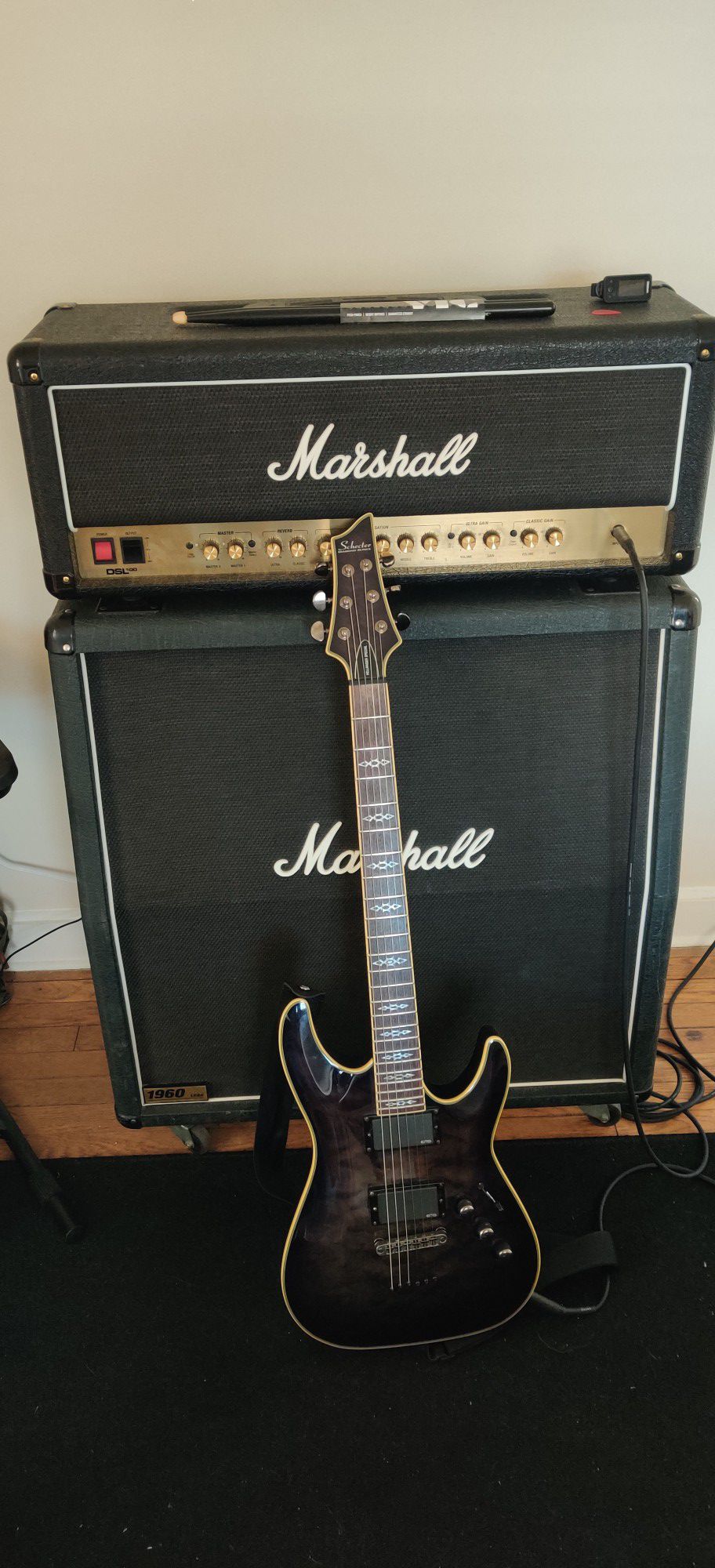 Marshall DSL 100 HEAD, 1960 A LEAD Cabinet, Schecter Hellraiser Special Guitar.