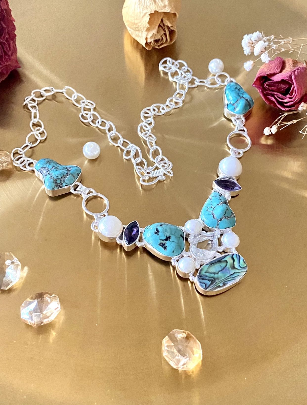 Tumbled Turquoise, Pearl, Abalone Shell, Amethyst And White Topaz 925 Sterling Silver Overlay Necklace