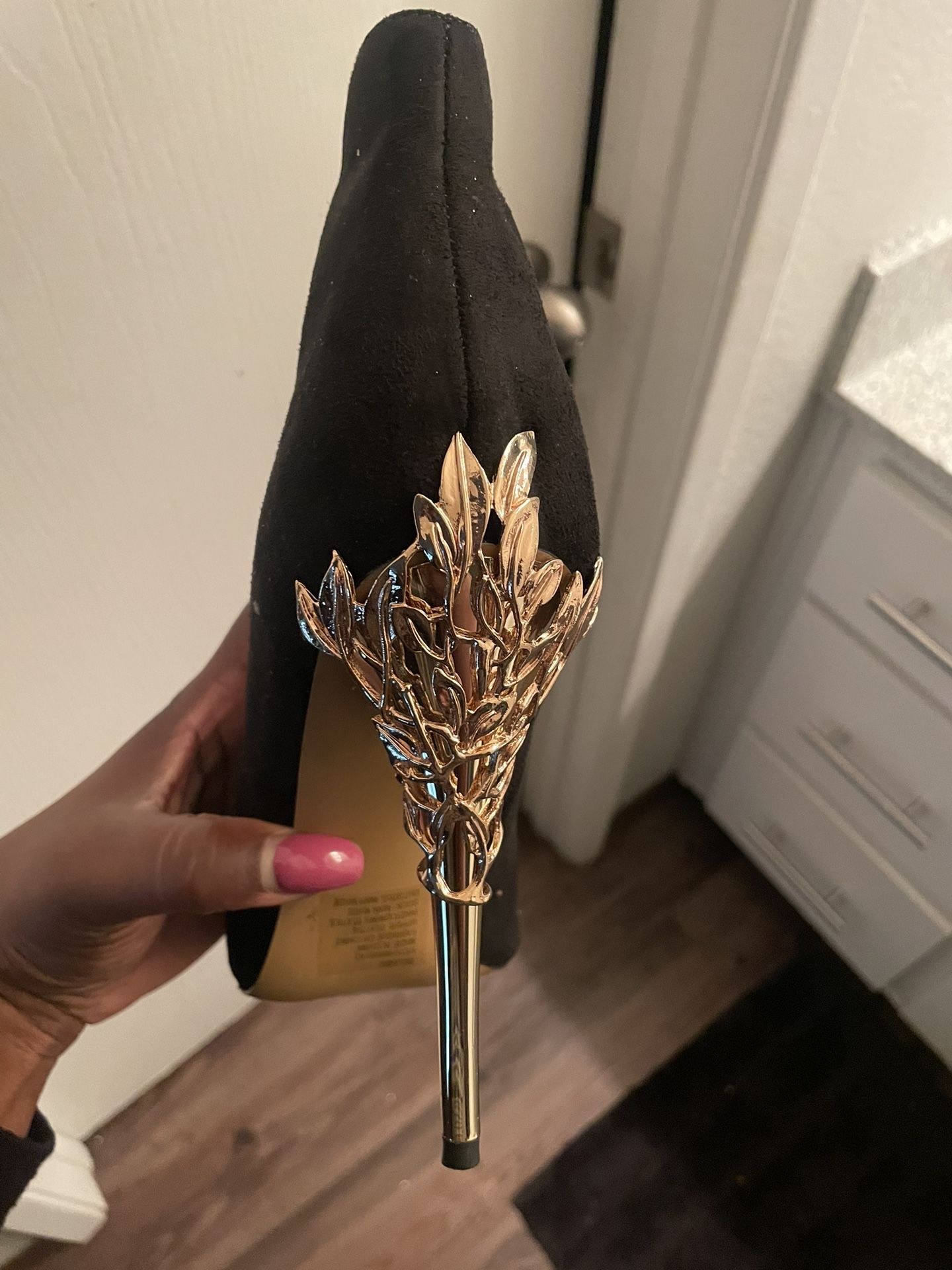 Black Pointed Toe Heeled Boots – Gold Floral Stiletto Accent