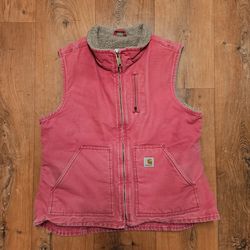 Vintage Carhartt Sherpa Lined Canvas Duck Vest Jacket Womens Large Rose Red