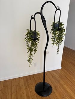 Black Metal Floor Plant Stand with Hanging Pots