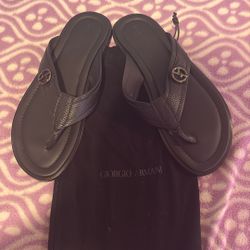NEW UNUSED Giorgio Armani Black Leather Thong Sandals Flip Flops