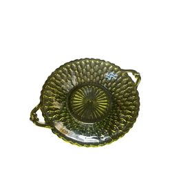 Vintage Indiana Glass Avocado Green Honeycomb Dish Bowl with Handles