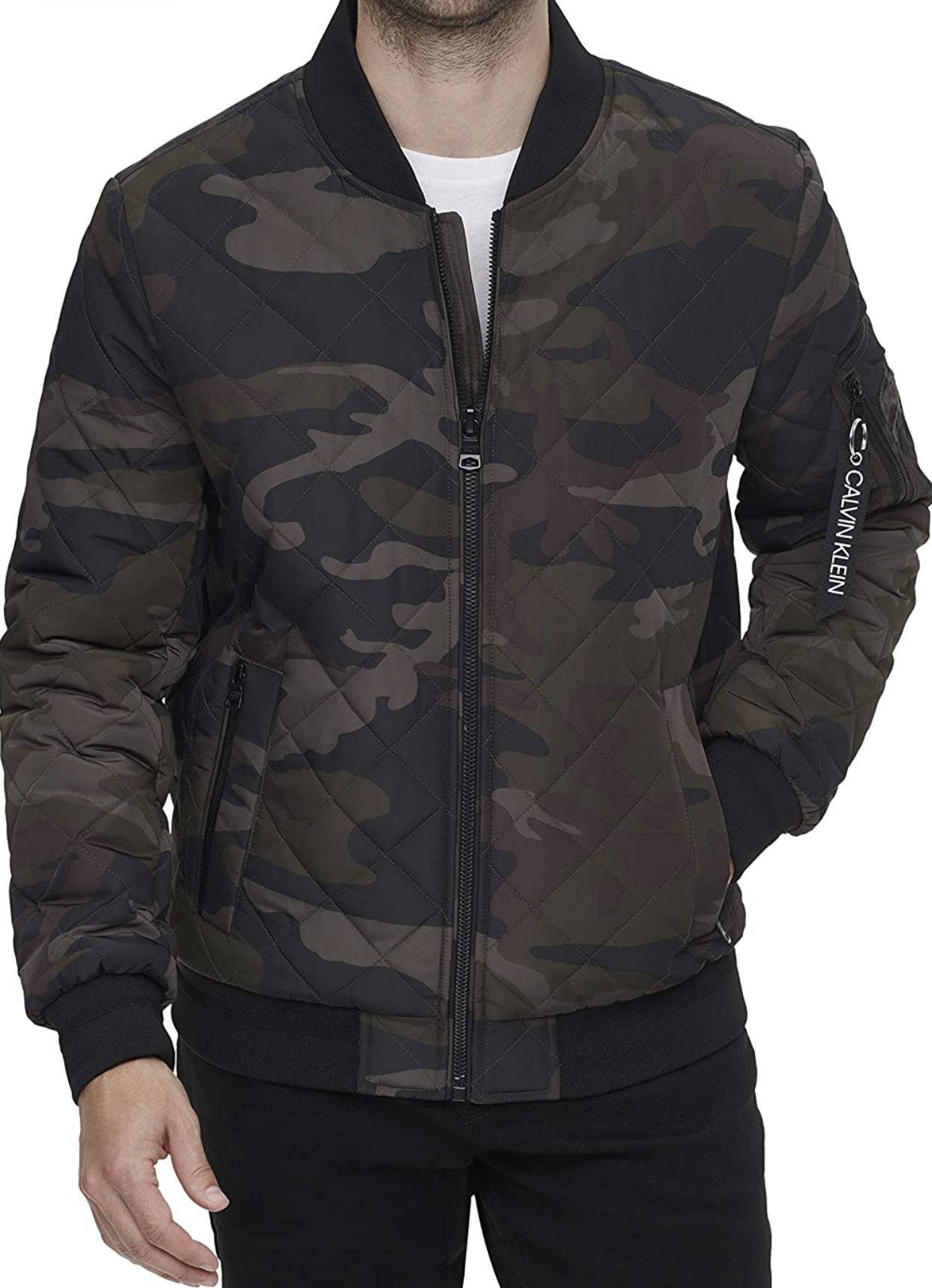 Calvin Klein Men s Quilted Baseball Jacket with Rib Knit Trim