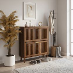 Seoul 31.5" Walnut Modern Shoe Storage Cabinet with 2 Flip Drawers