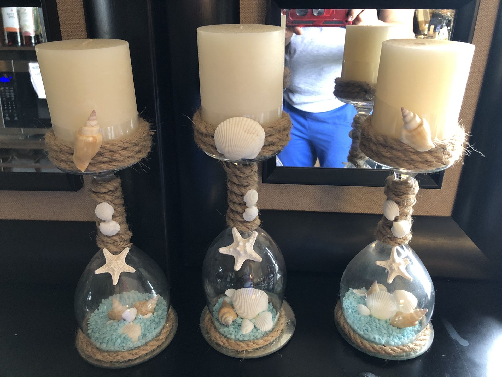 Seashell and Sand Wine Glass Candle Holder Set