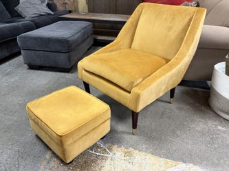 MCM Style Mustard Yellow Velvet Armchair w/ Storage Ottoman (Set of 2)