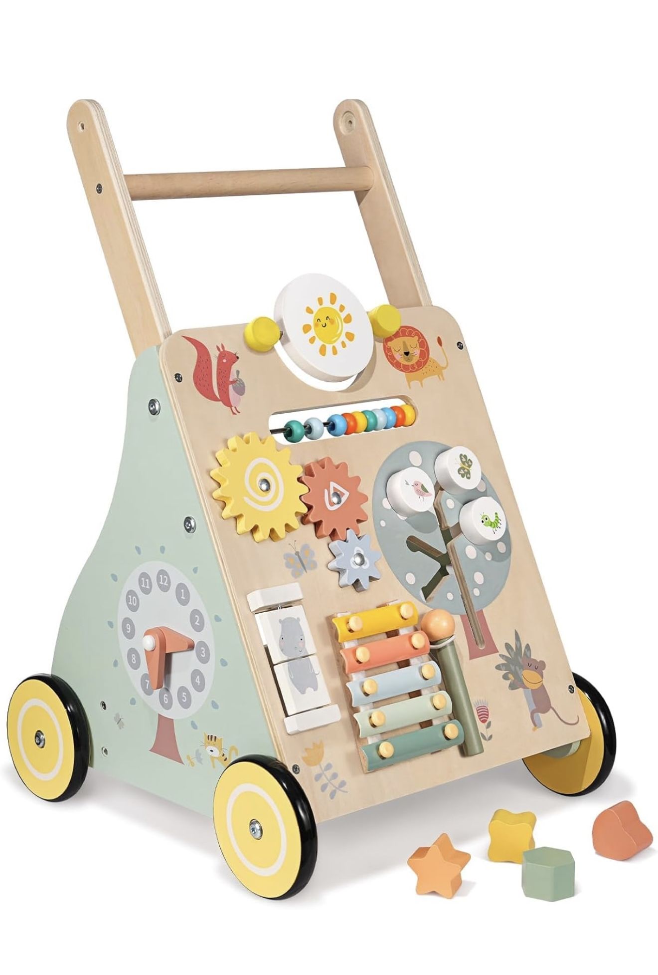 NEW-Wooden Baby Walker, Multiple Learning Activities Center Develops Motor Skills for Infant to Toddler, Push and Pull Walkers with Wheel for Boys Gir