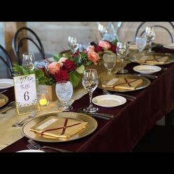 Burgundy and Gold Linen and Charger Set For 72 Ppl