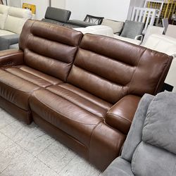 Brown Genuine Leather Dual Recliner Sofa 
