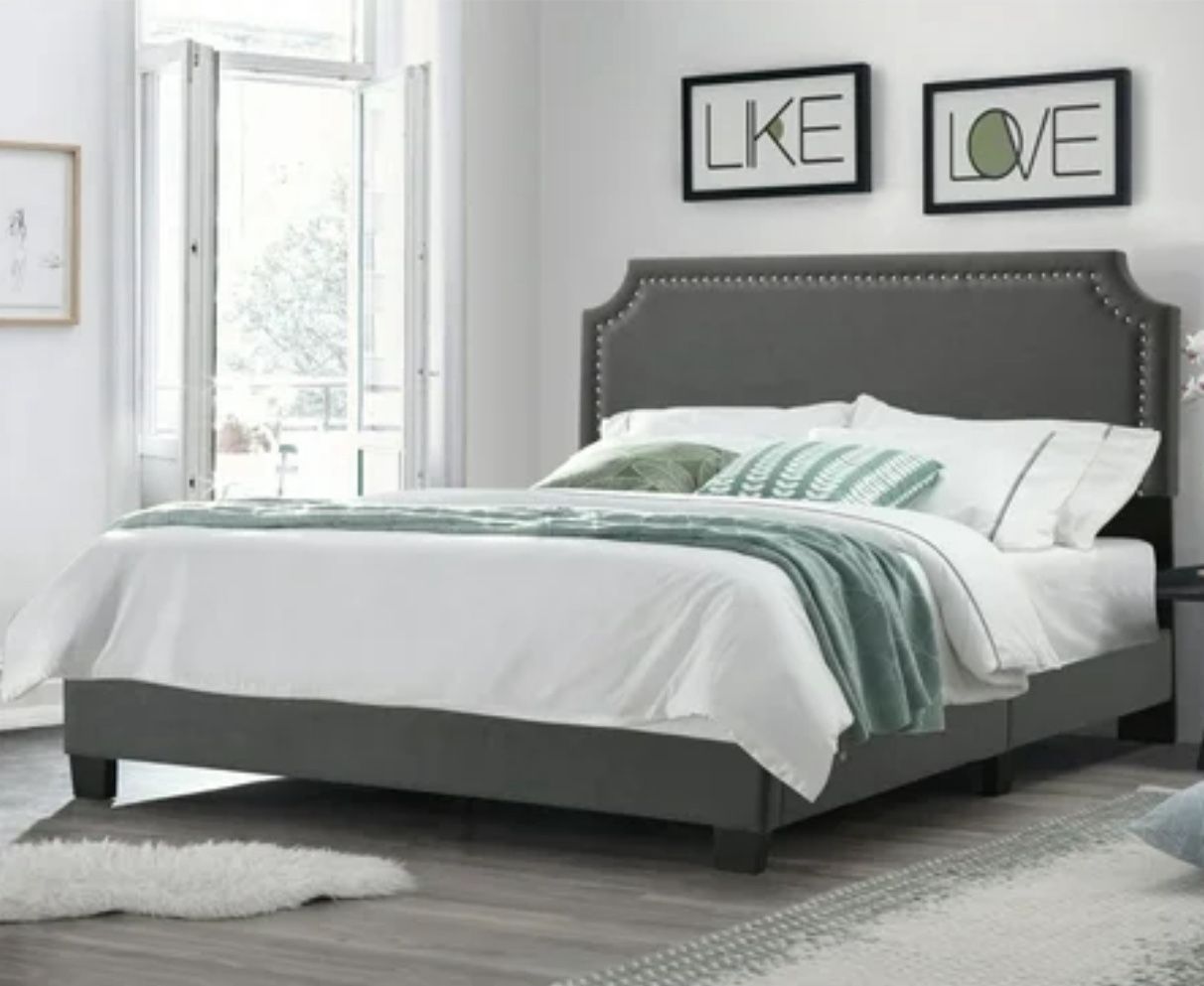Brand New Regal Upholstered Bed w/Nail Trim Headboard, Queen