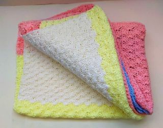 Handmade Multi-Color (White-Pink-Blue-Yellow) Rectangle Afghan Throw Blanket 49" x 35"