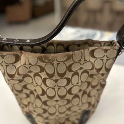 Coach  Signature 6076 Canvas Leather Trim Shoulder Bag Beige