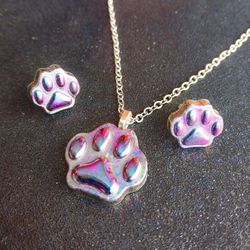 Cat animal paw print rainbow color shift necklace studs earring set new resin 
