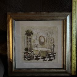 Elegant framed art print featuring a vintage bathroom scene. 
