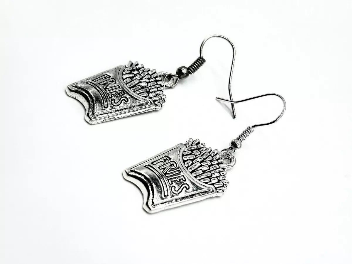 Fun Bold Unique Silver Dangle Fast Food French Fry Lover Earrings